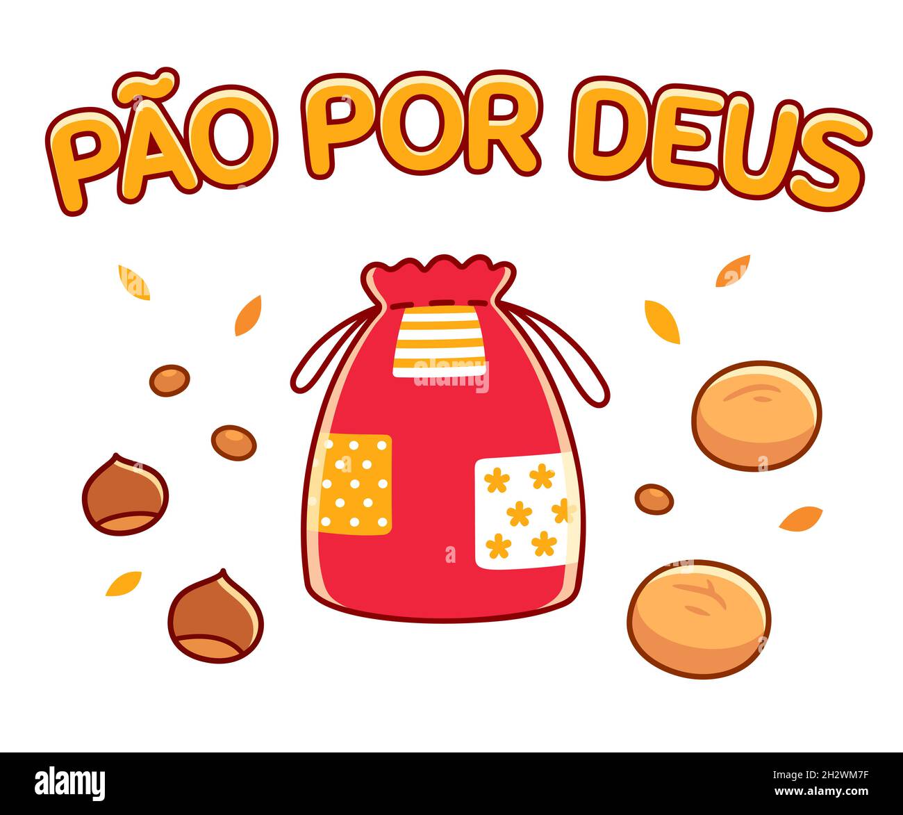Pão-por-Deus (Portuguese for Bread for God) All Saints Day tradition in Portugal. Cloth bag, broas (cakes) nuts and chestnuts. Cartoon vector illustra Stock Vector