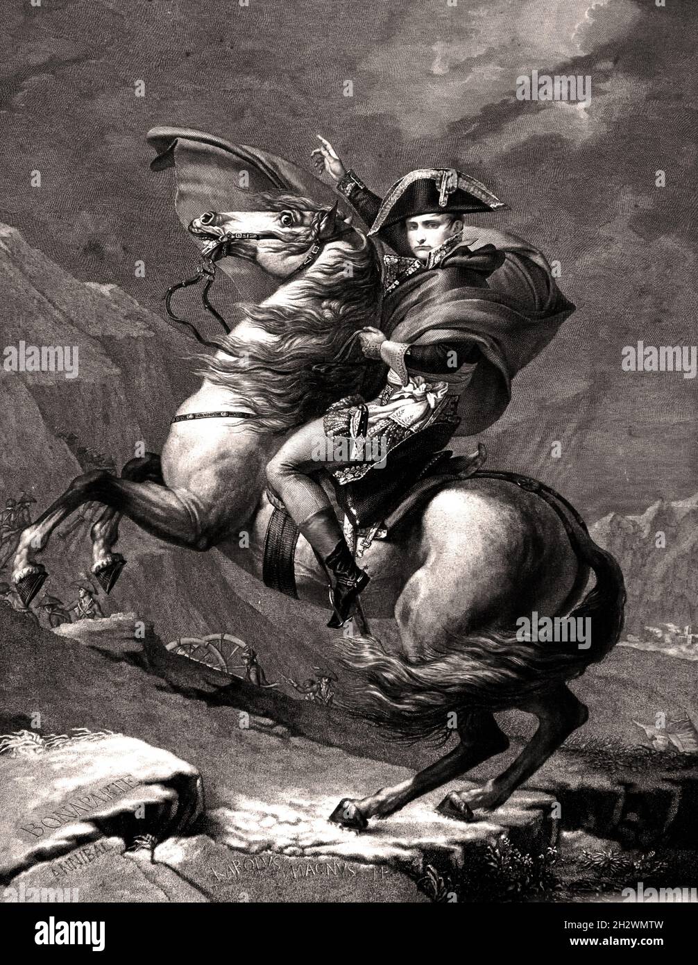 Napoleon at the Great St. Bernard Pass Jacques-Louis David1809 This famous painting of Napoleon t the Great St. Bernard Pass in May 1800 was intended to glorify him. The Charlemagne reference anticipated Bonaparte's dominance over all Europe. In reality, he crossed the pass on a mule. Napoleon, Napoleon Bonaparte, (1769–1821), Napoleon I, French Emperor,  France. Stock Photo