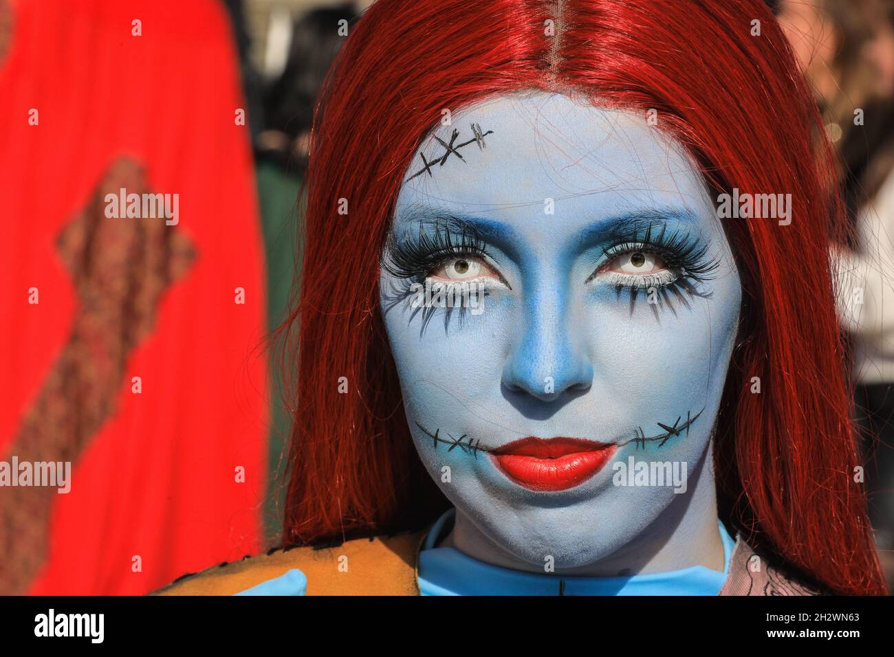 ExCel, London, UK. 24th Oct, 2021. A fan poses as Sally from Nightmare before Christmas. Cosplayers and fans of anime, sci-fi, games, and all things pop culture once again descend on the ExCel exhibition centre in London for MCM Comic Con London on its last day. Credit: Imageplotter/Alamy Live News Stock Photo