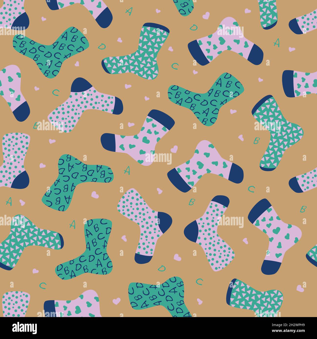 Vector seamless pattern with socks of different designs. Letters, dots, hearts, triangles. Stock Vector
