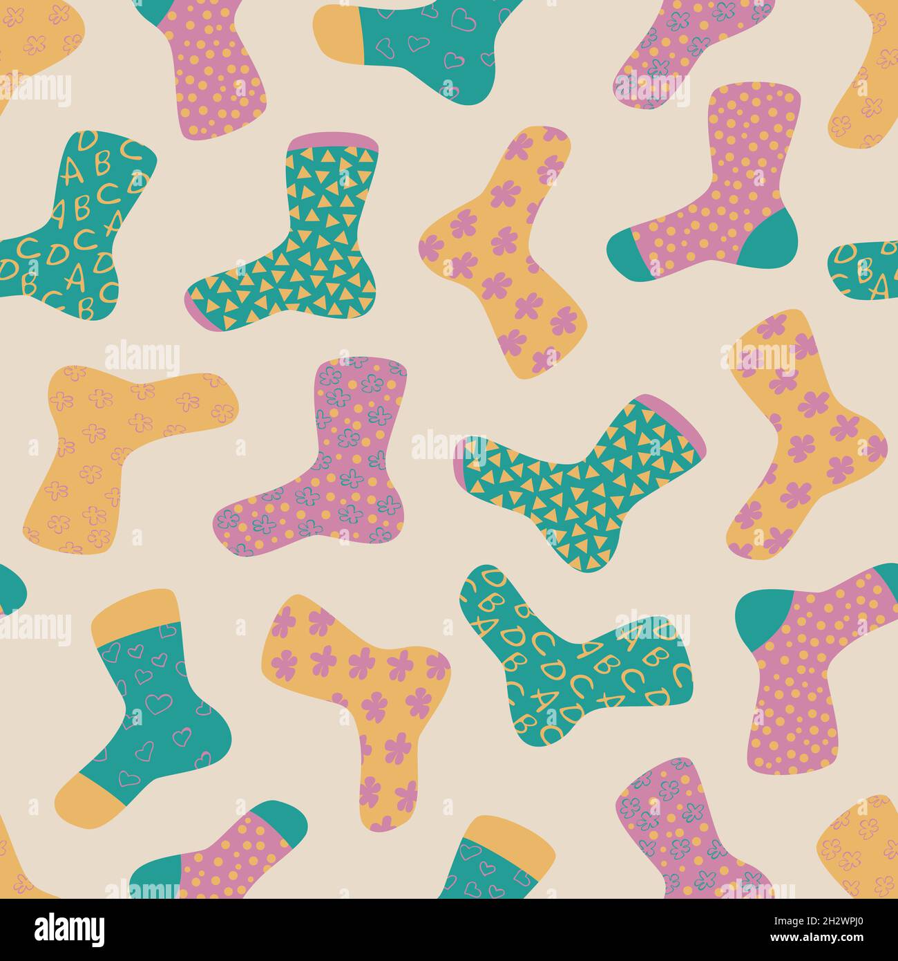 Vector seamless pattern with socks in cartoon style. Different variants of socks design - letters, dots, hearts, triangles, flowers. Stock Vector
