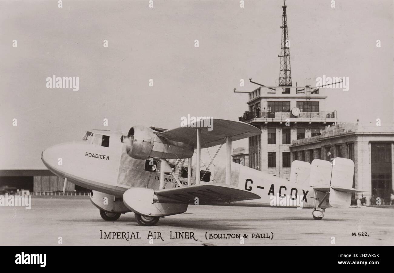 Vintage photographic postcard entitled “Imperial Air Liner (Bouton & Paul)” depicting the Imperial Airways Boulton Paul P.71A airliner named ‘Boadicea’ at Croydon Airport, circa. 1935. This aircraft was lost in the English Channel, off Dungeness, Kent, on 25 September 1936 while on an air-mail flight from Croydon to Le Bourget, Paris. Both members of its crew perished. Stock Photo