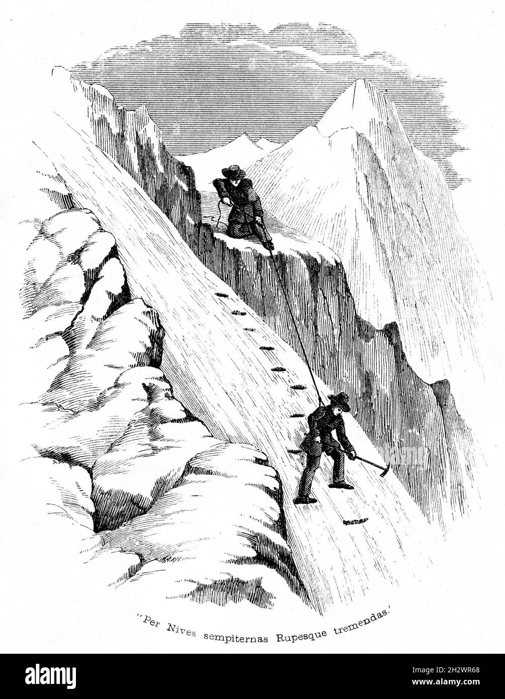 An 1859 illustration entitled “Per Nives sempiternas Rupesque tremendas” (Through the everlasting snow and the dreadful cliffs). It depicts two 19th century mountaineers descending a mountain face. One is cutting steps into the ice with his axe while his partner is supporting him with a rope. Stock Photo