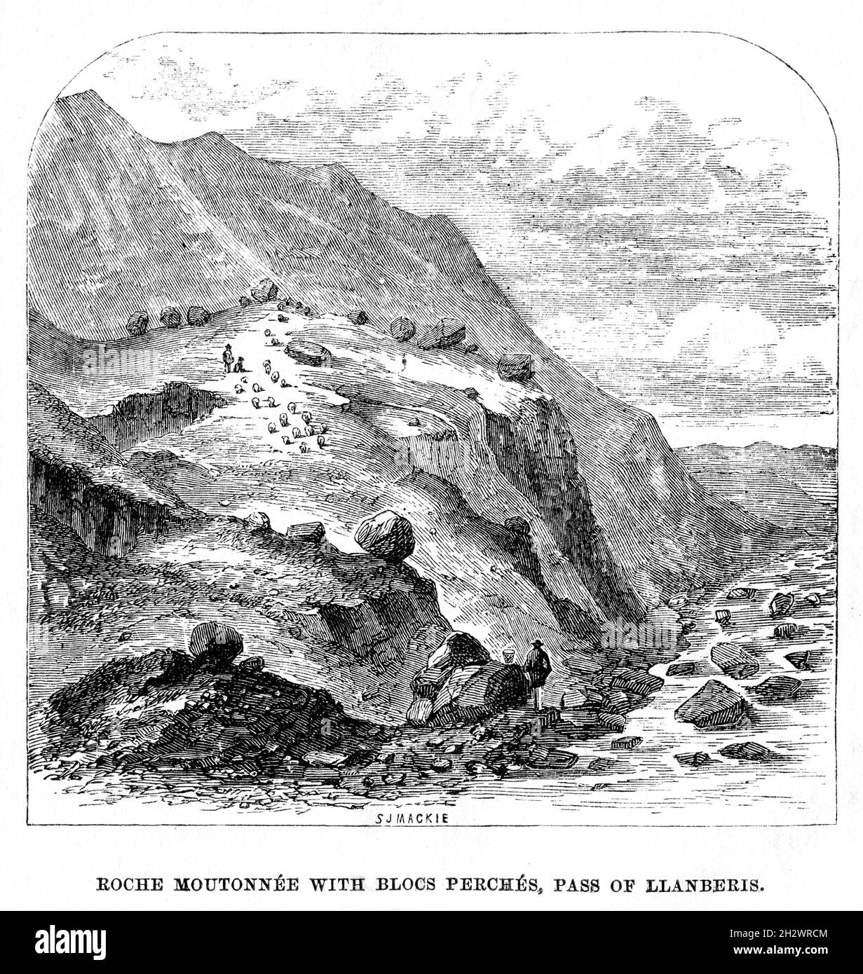 An 1859 wood cut illustration entitled “Roche Moutonnée with Bloc Perchés, Pass of Llanberis”. Snowdonia, Wales. Stock Photo