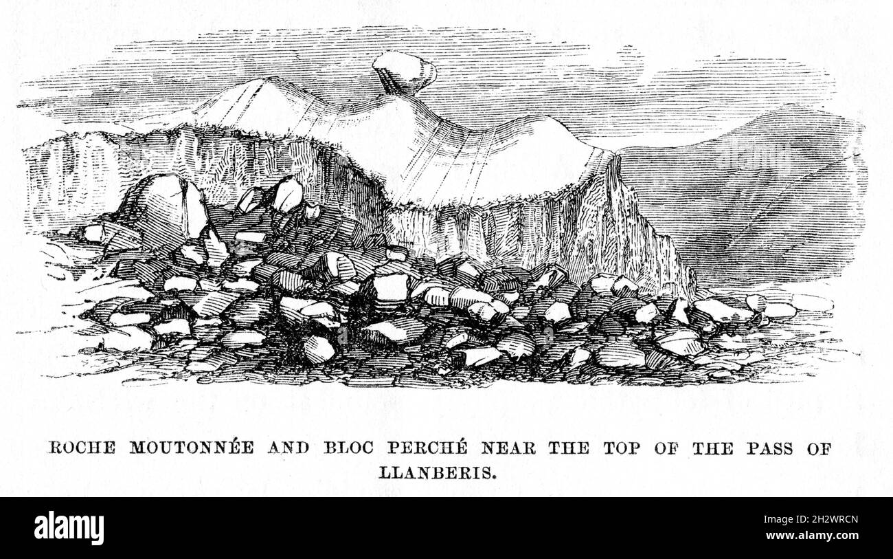 An 1859 wood cut illustration entitled “Roche Moutonnée and Bloc Perché near the top of The Pass of Llanberis”. Snowdonia, Wales. Stock Photo