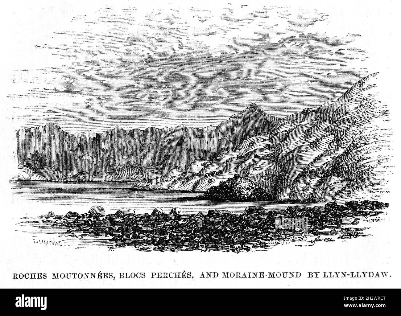 An 1859 wood cut illustration entitled “Roche Moutonnées, Bloc Perchés, and Moraine Mound by Llyn-Llydaw”. Llyn Llydaw is a natural lake on the flanks of Mount Snowdon, Wales. Stock Photo