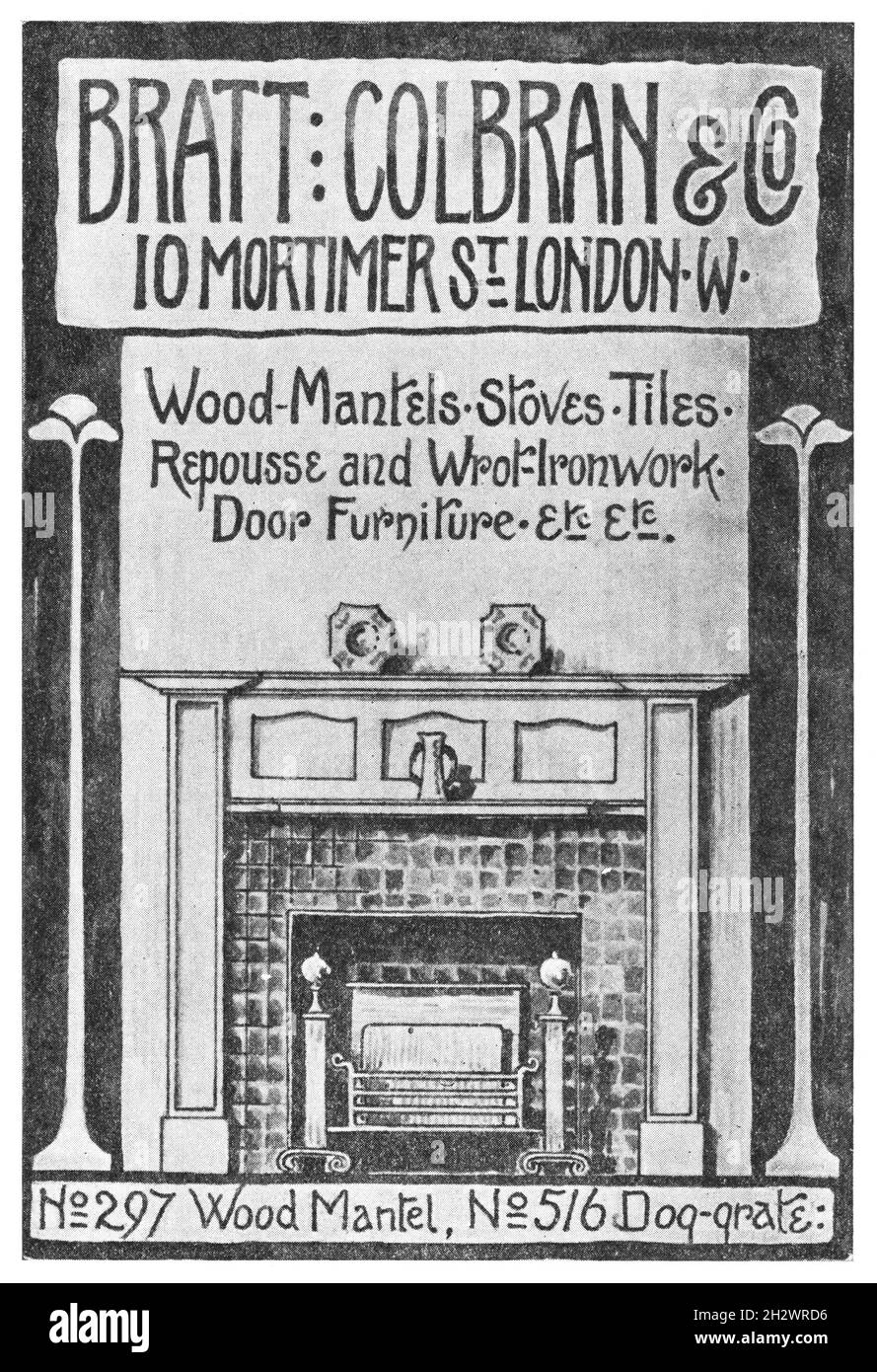 A 1902 ‘Arts & Crafts’ style advertisement promoting “Bratt, Colbran & Co.” of 10 Mortimer St., London, W. “Wood-Mantels, Stoves, Tiles, Repousse and Wrot-ironwork, Door Furniture, etc.”. Stock Photo