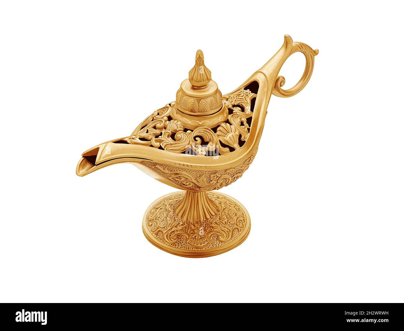 Golden color magic lamp in arabic oriental style isolated on white, top and side view Stock Photo