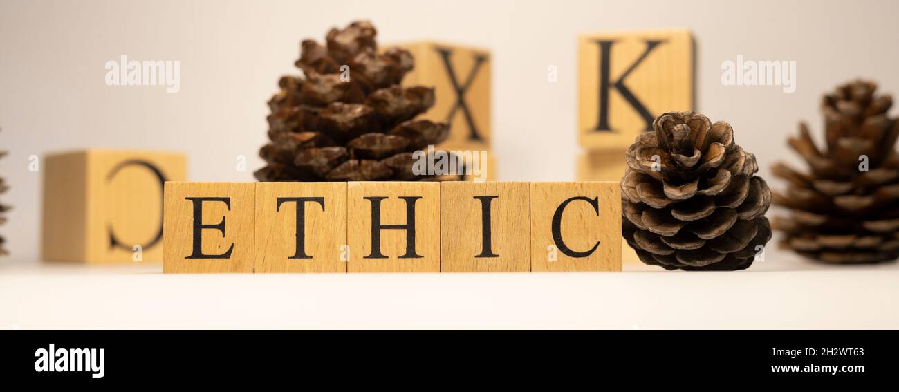 The word ethic was created from wooden cubes. Stock Photo