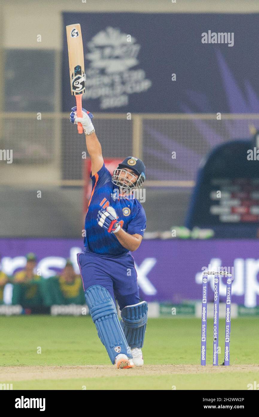 Rishabh Pant of India plays a shot for six one handed during the