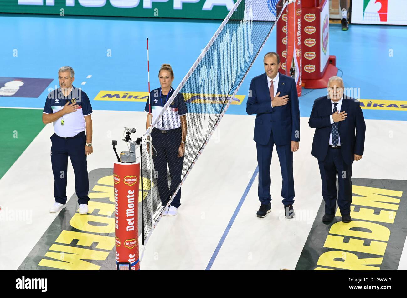 Eurosuole Forum, Civitanova Marche, Italy, October 24, 2021, Roberto Boris  of Vigevano and Rossella Piana of Carpi referees of the match and Massimo  Righi (President of the Serie A Volleyball League) and