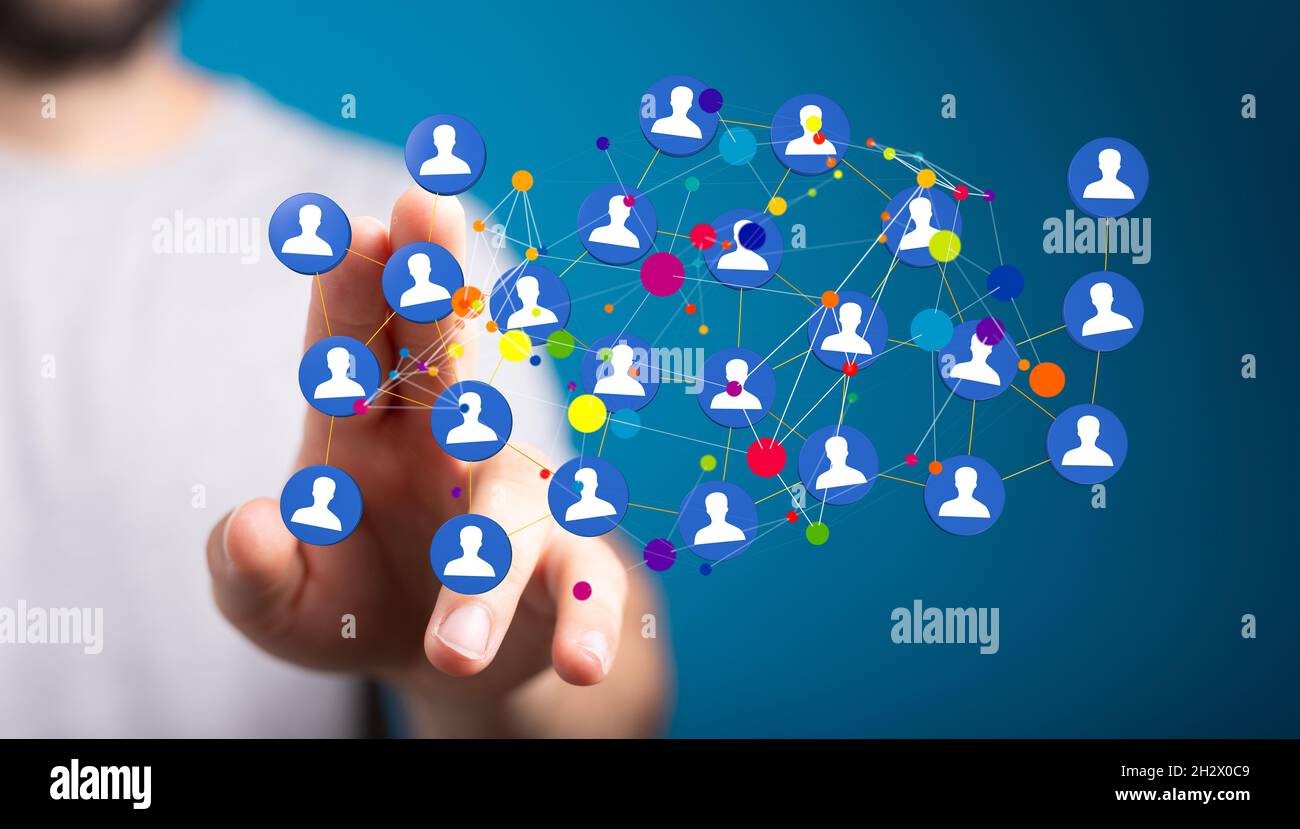 A male's hand pointing to illustrated neural network concept Stock ...