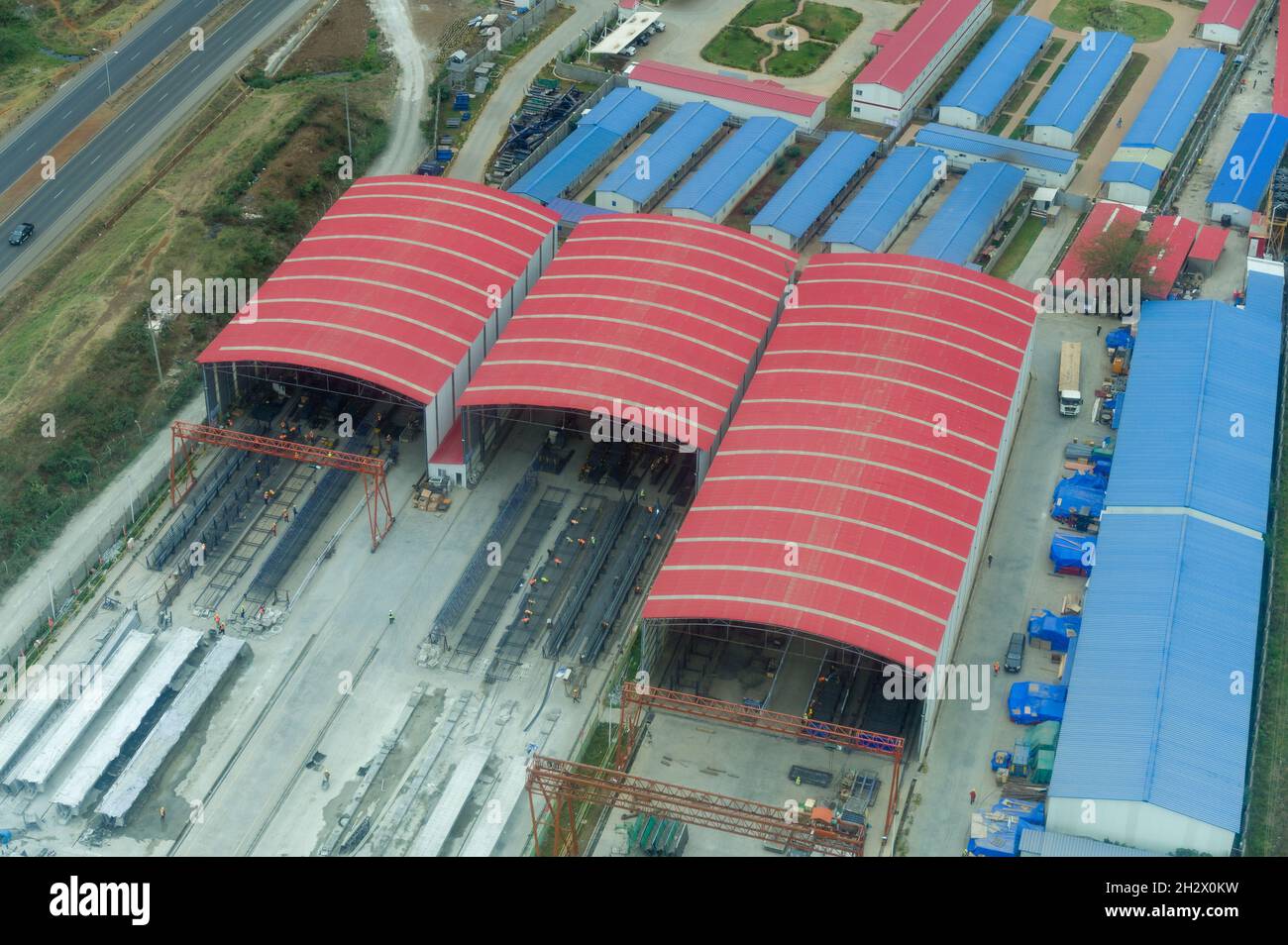 Aerial view of China Road and Bridge Corporation (CRBC) construction facilities warehouse, Nairobi, Kenya Stock Photo