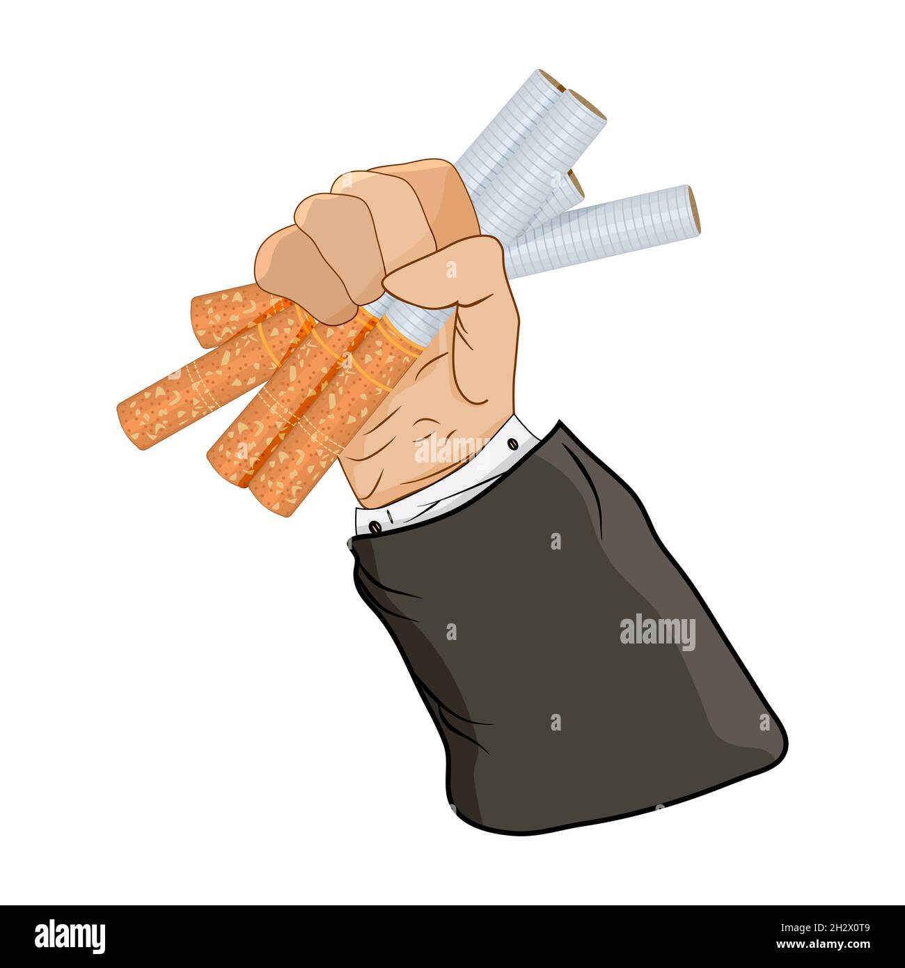Cigarettes in fist isolated on white background.Cigarettes in man hand.Giving up smoking,stop smoking concept.World No Tobacco Day.Vector illustration Stock Vector