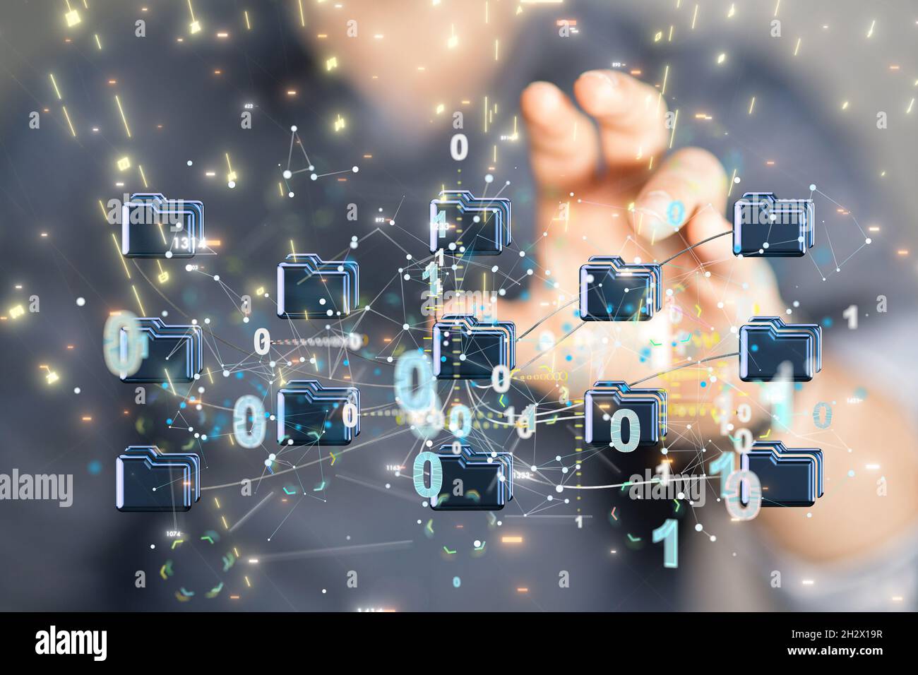 A male's hand holding augmented analytics data cloud storage network Stock Photo