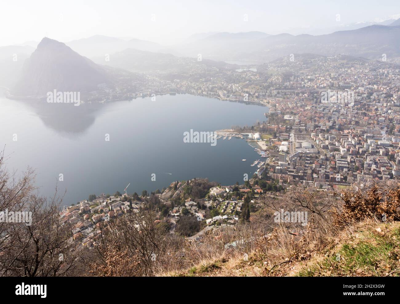 Overlooking the city of Lugano, Lake Lugano and mountain San Salvatore Stock Photo