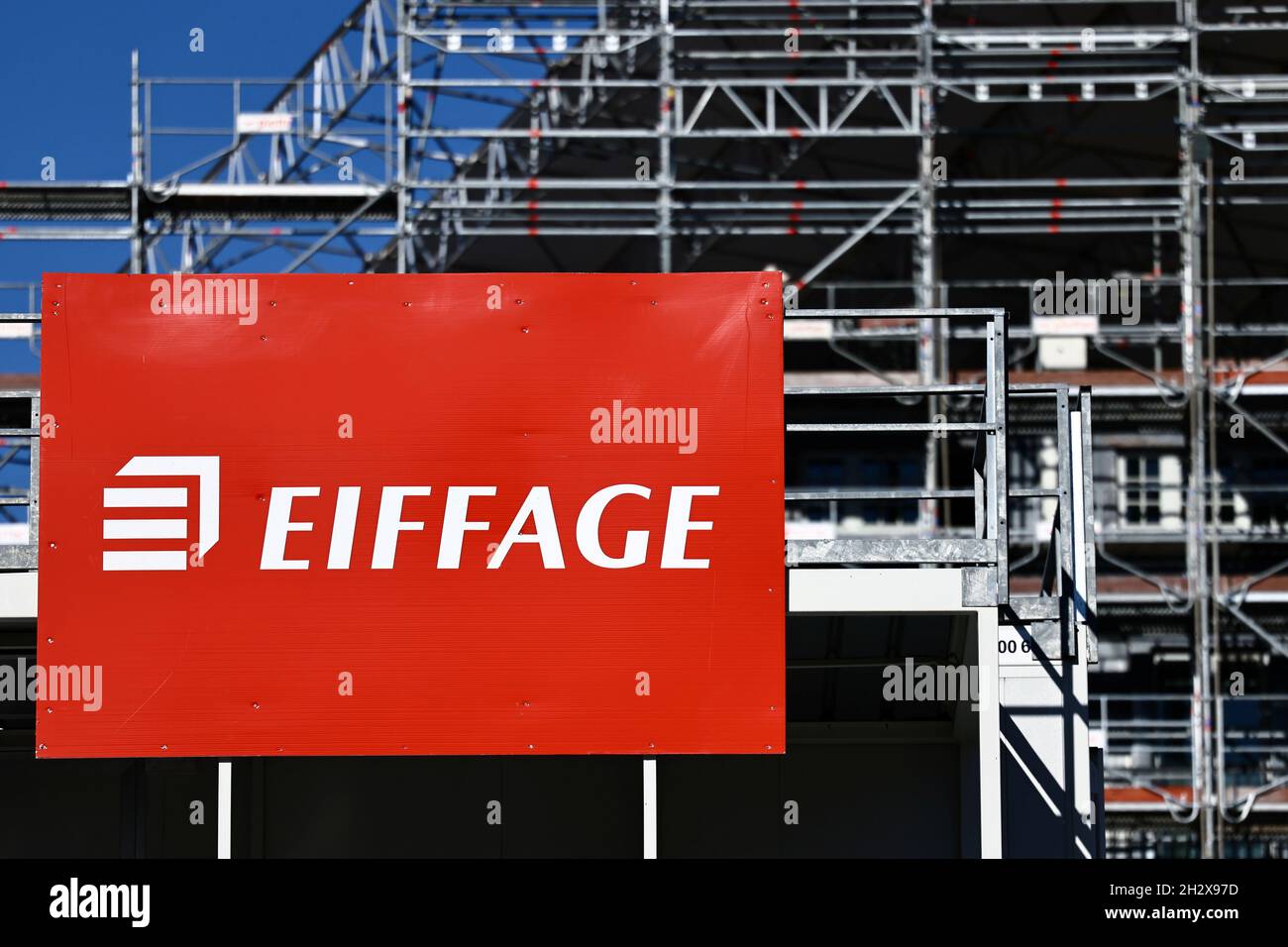 The logo of French construction group Eiffage is seen at a construction site in Paris, France, October 24, 2021. REUTERS/Sarah Meyssonnier Stock Photo