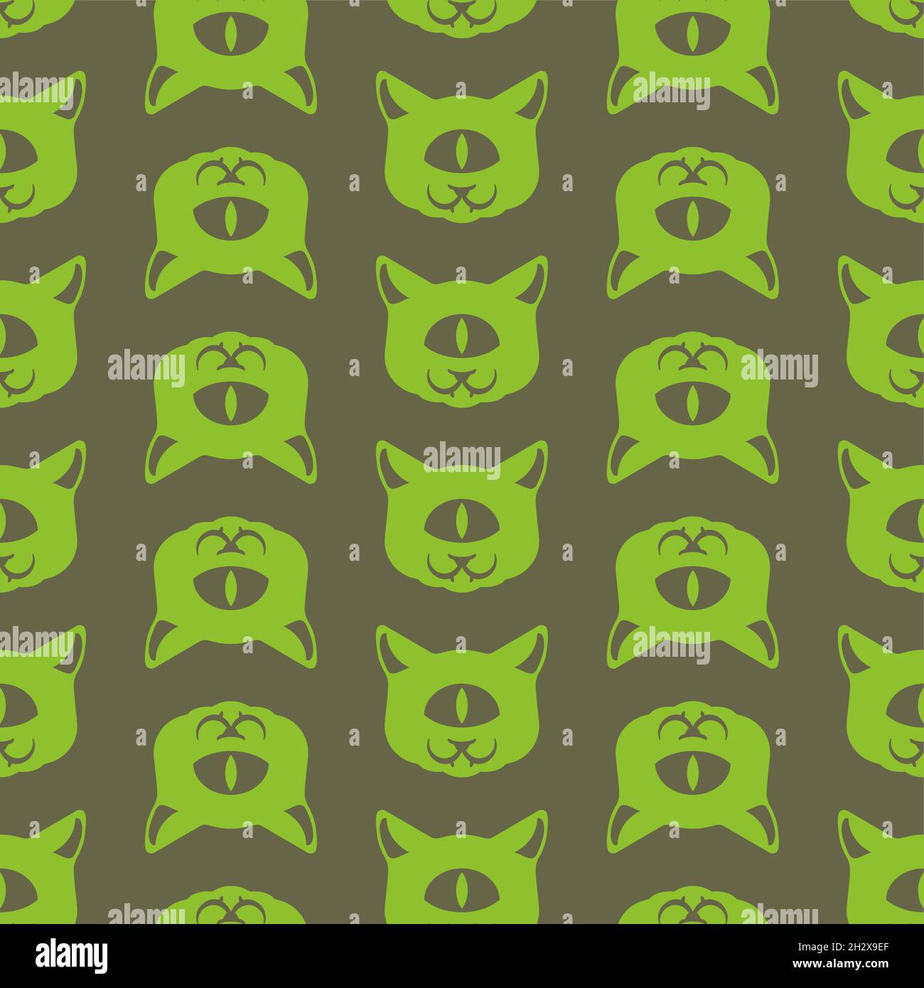 One eyed cat alien pattern seamless. Green monster pet background. Baby fabric texture Stock Vector