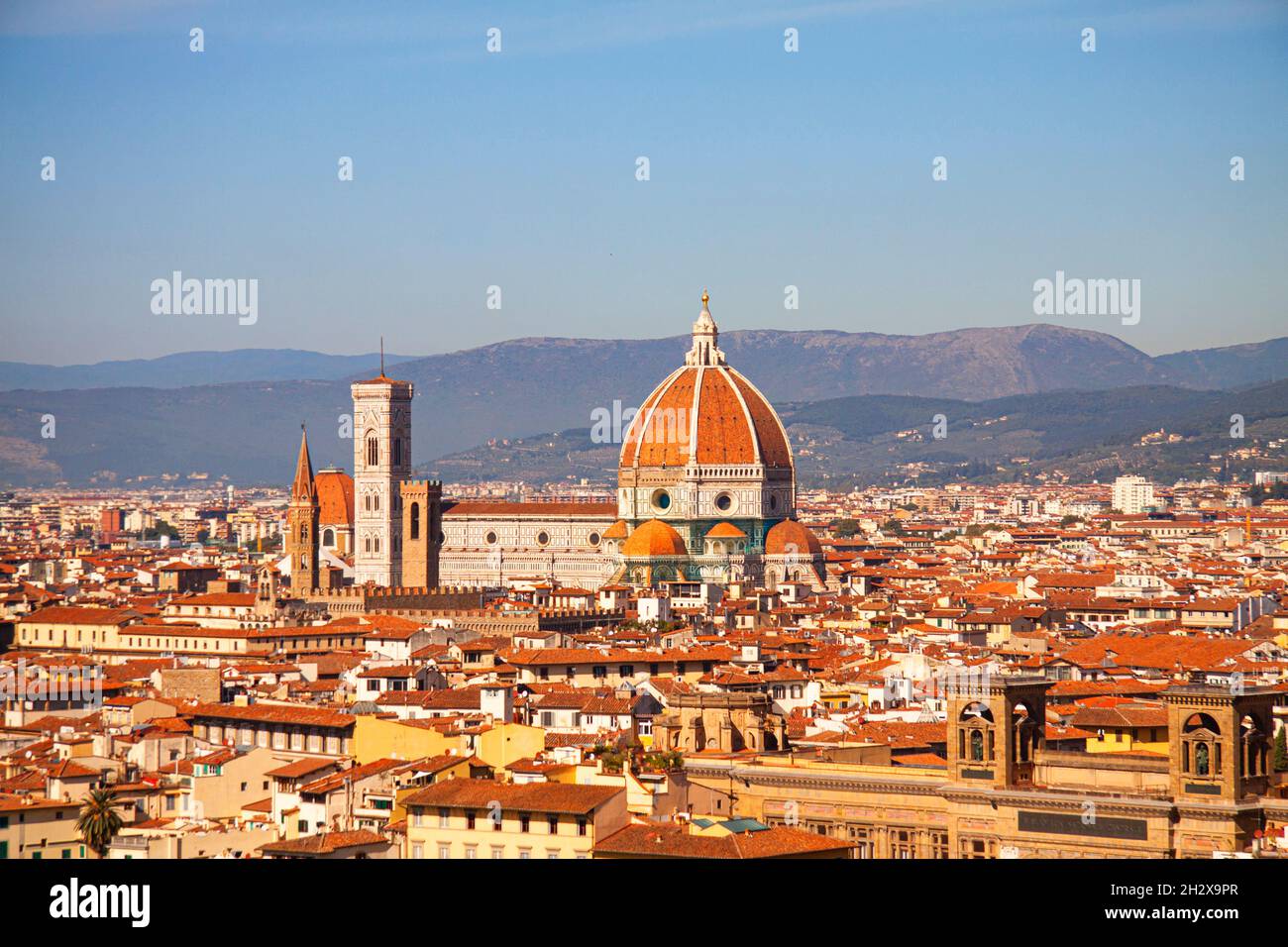 Santa Maria del Fiore cathedral in Florence, Italy. Aereal panoramic view with dome by Filippo Brunelleschi, and bell tower dominating the skyline in Stock Photo