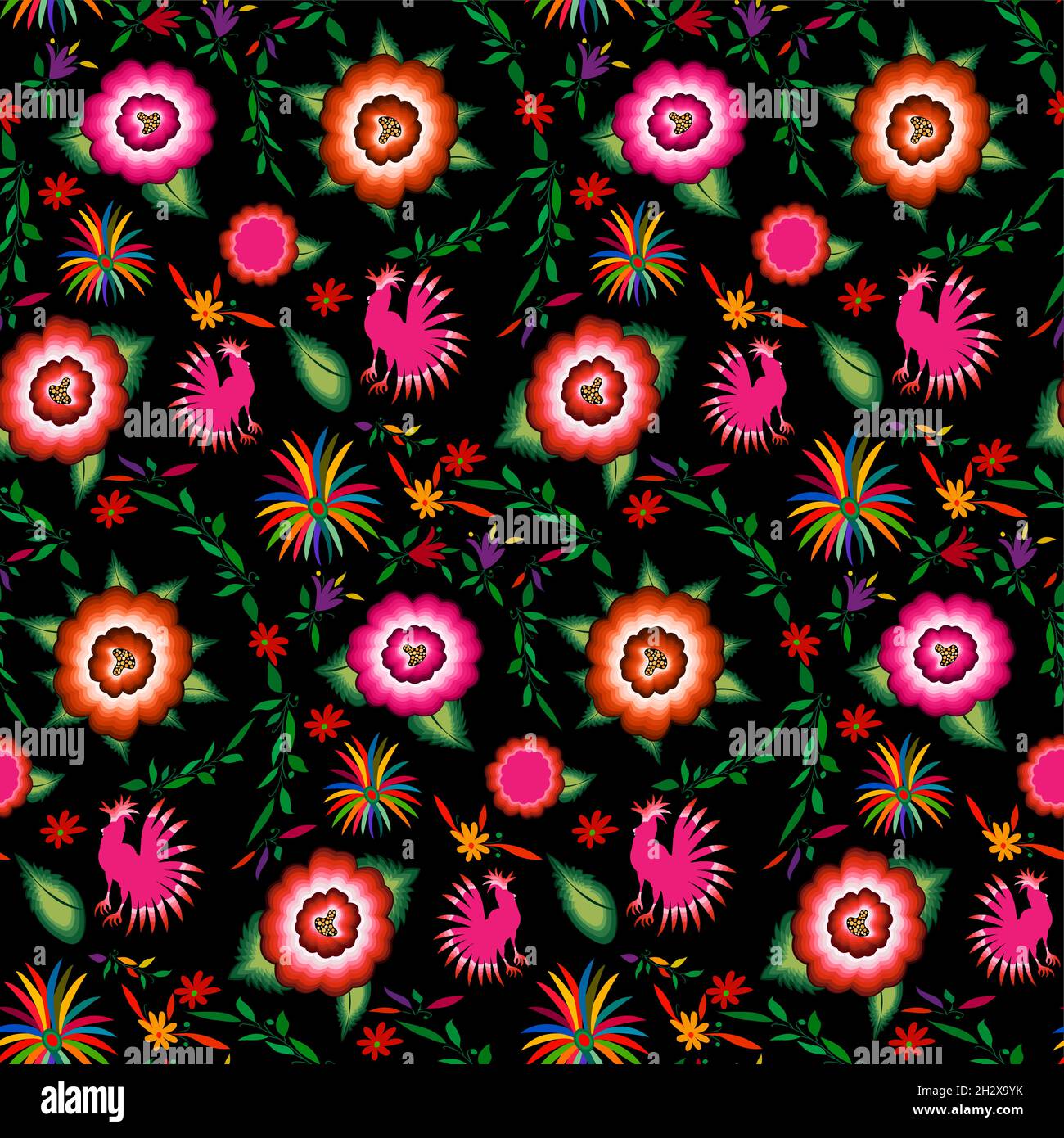 Seamless Mexican floral embroidery pattern, colorful native flowers folk fashion design. Embroidered Traditional Textile Style of Mexico, vector Stock Vector