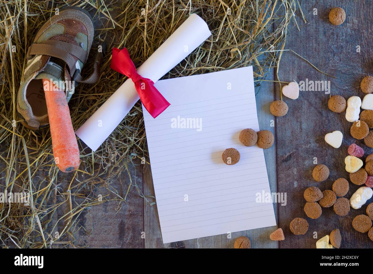 Schoen zetten is a Dutch tradition where a child places a shoe with carrots for the horse of Sinterklaas and a drawing, to receive presents and candy Stock Photo