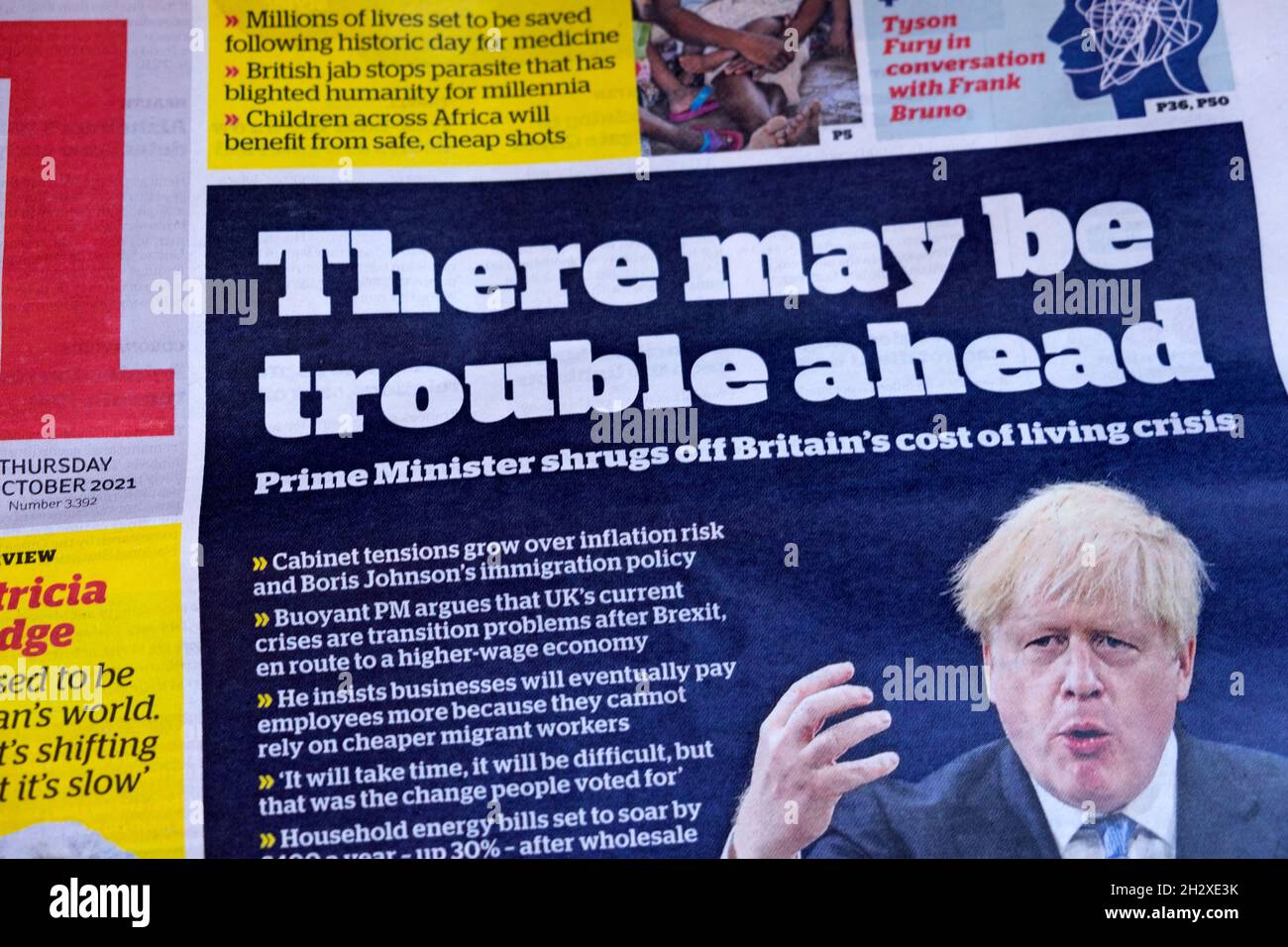 Boris Johnson There May Be Trouble Ahead I Newspaper Headline Front Page On 7 October 21 London England Uk Stock Photo Alamy