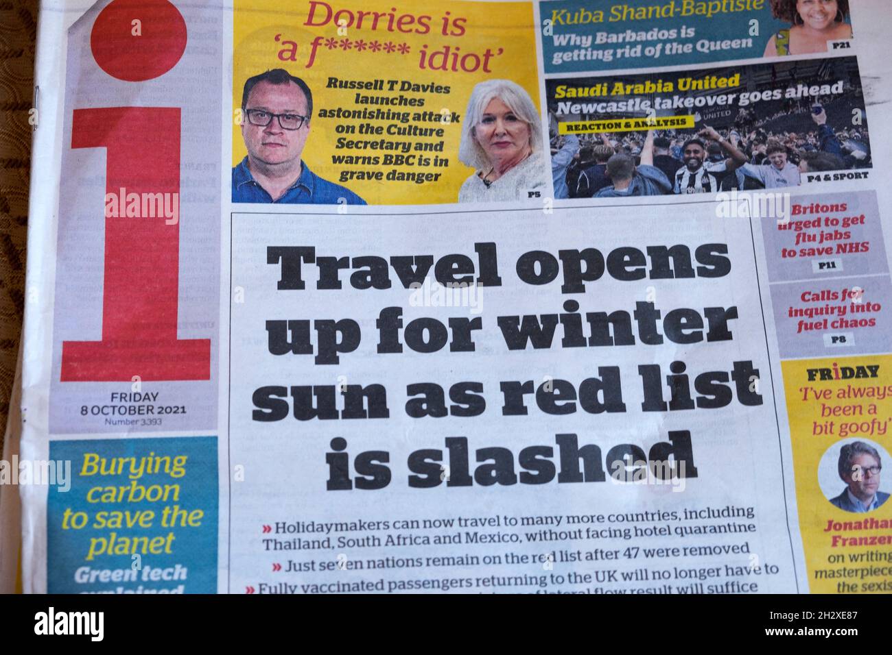 'Travel opens up for winter sun as red list is slashed' covid quarantine eases in i newspaper headline front page on 8 October 2021 London England UK Stock Photo
