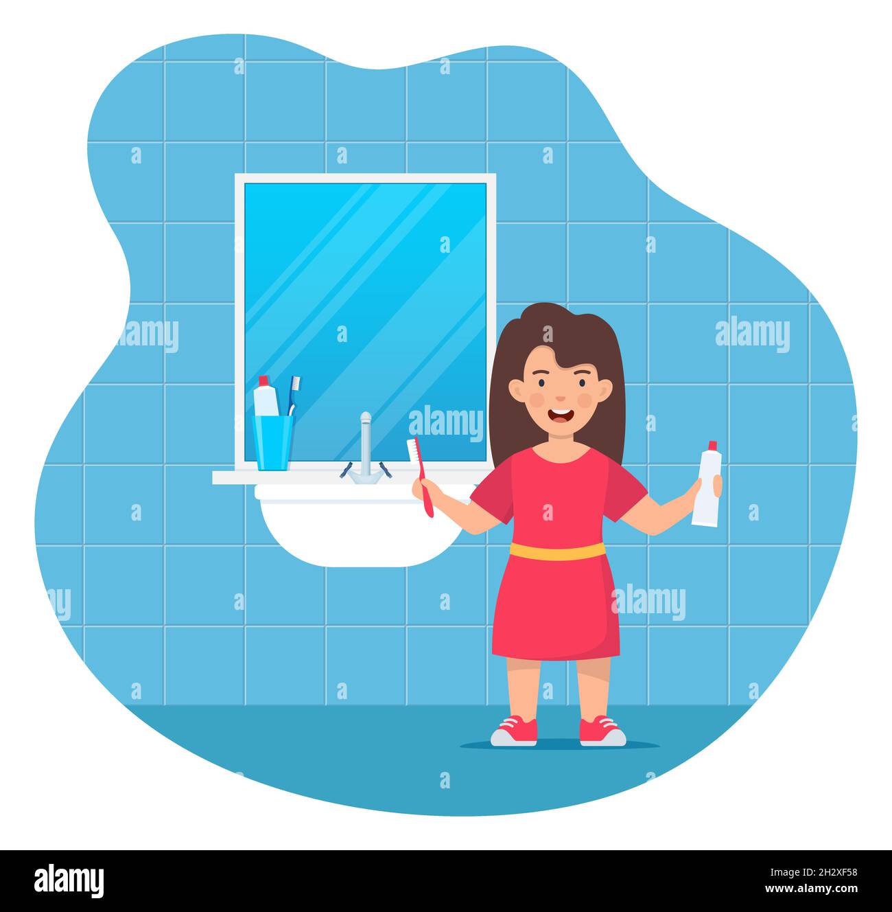 Happy smiling girl kid holding toothbrushe and toothpaste tube, standing in a bathroom. Children dentistry and teeth hygiene. Kids using toothbrush mo Stock Vector