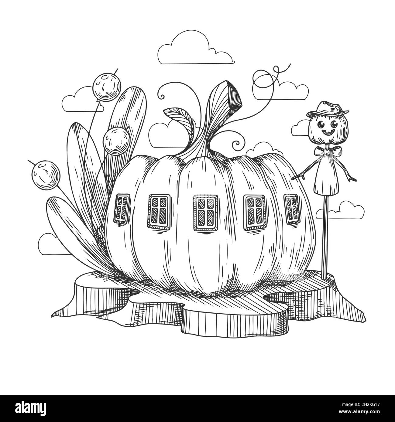 Sketch of a fantastic pumpkin house. Cartoon pumpkin gnome house. Vector illustration. Stock Vector