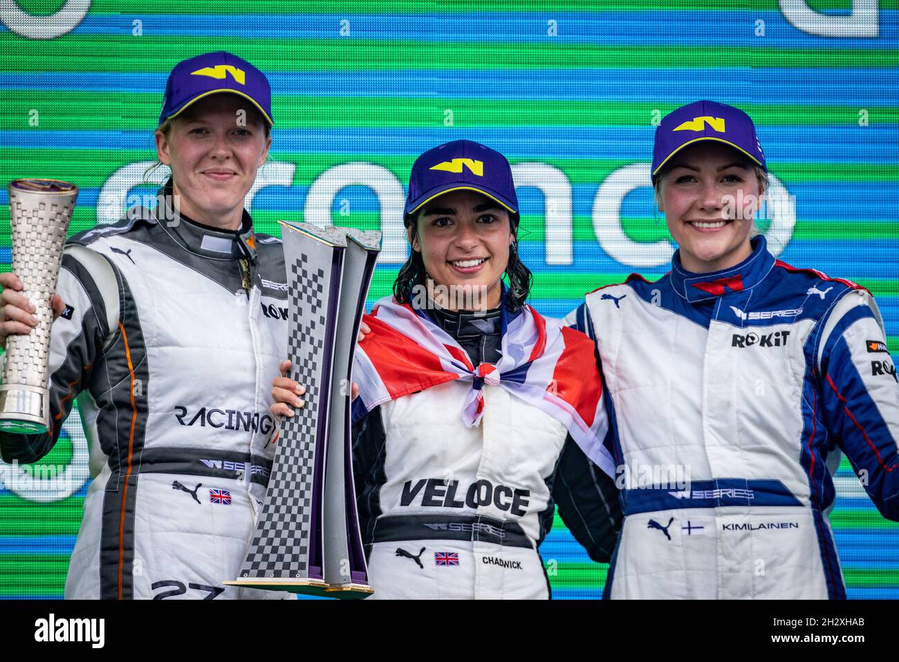 Austin, Texas, USA, 24/10/2021, The championship top three on the podium (L to R): Alice Powell (GBR) Racing X, second; Jamie Chadwick (GBR) Veloce Racing, W Series Champion; Emma Kimilainen (FIN) Ecurie W, third. 24.10.2021. W Series, Rd 7, Austin, Texas, USA, Race 2 Day.  Photo credit should read: XPB/Press Association Images. Stock Photo