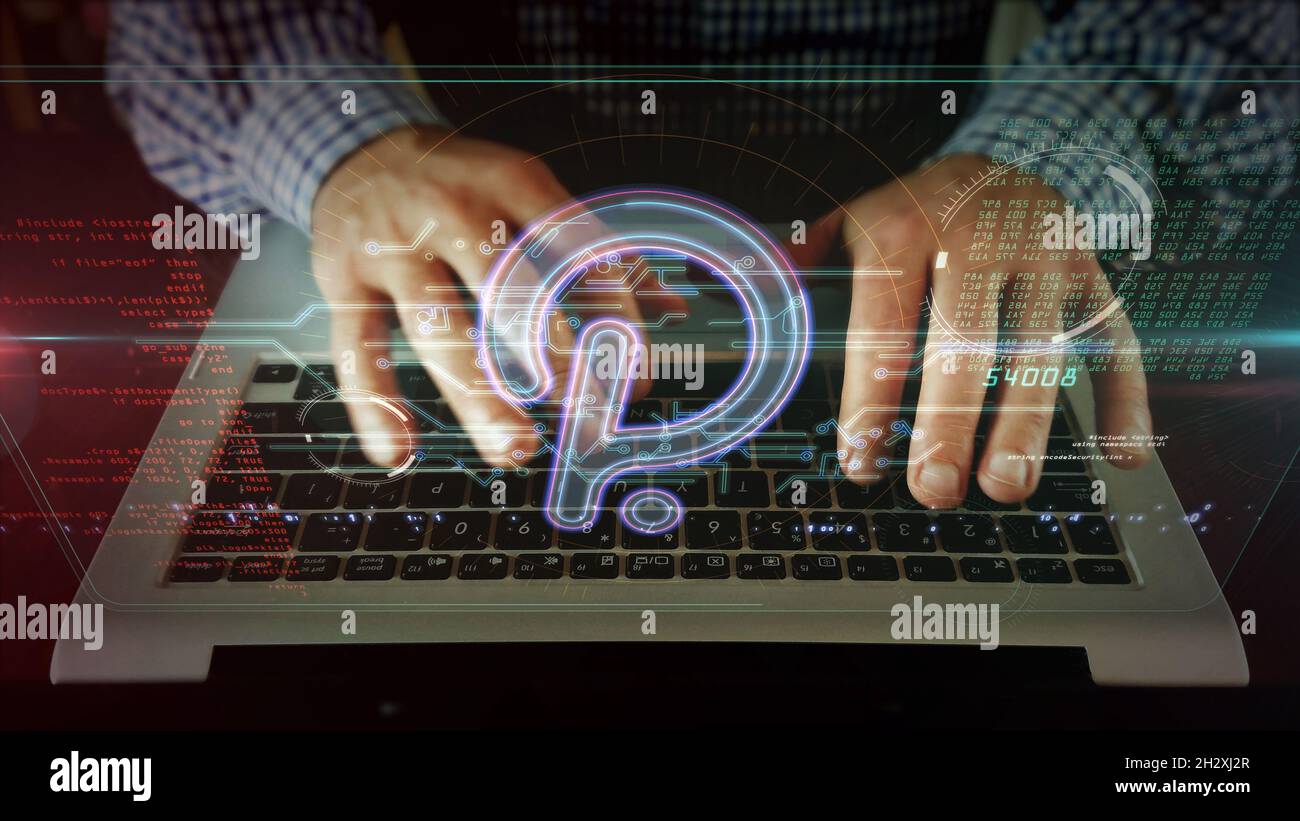 Polkadot neon sign concept, Polka dot cryptocurrency token, blockchain currency, fintech and business technology. Man typing on computer keyboard. Stock Photo
