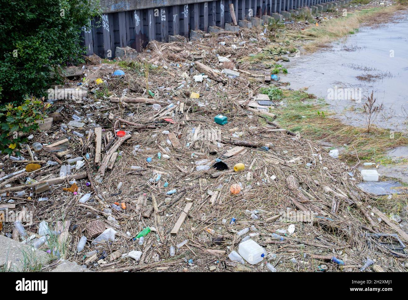 Plastic waste pollution, River Thames, East London, UK Stock Photo