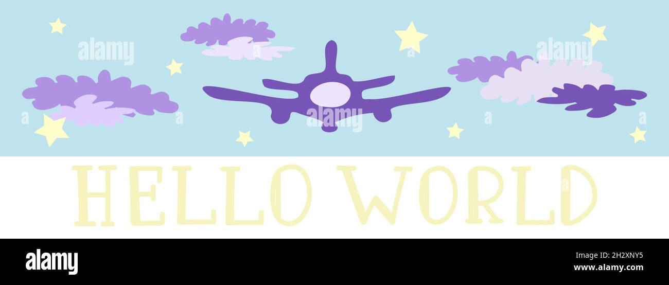 Airplane in the violet clouds and yellow stars. Hello world lettering. Vector illustration. Stock Vector