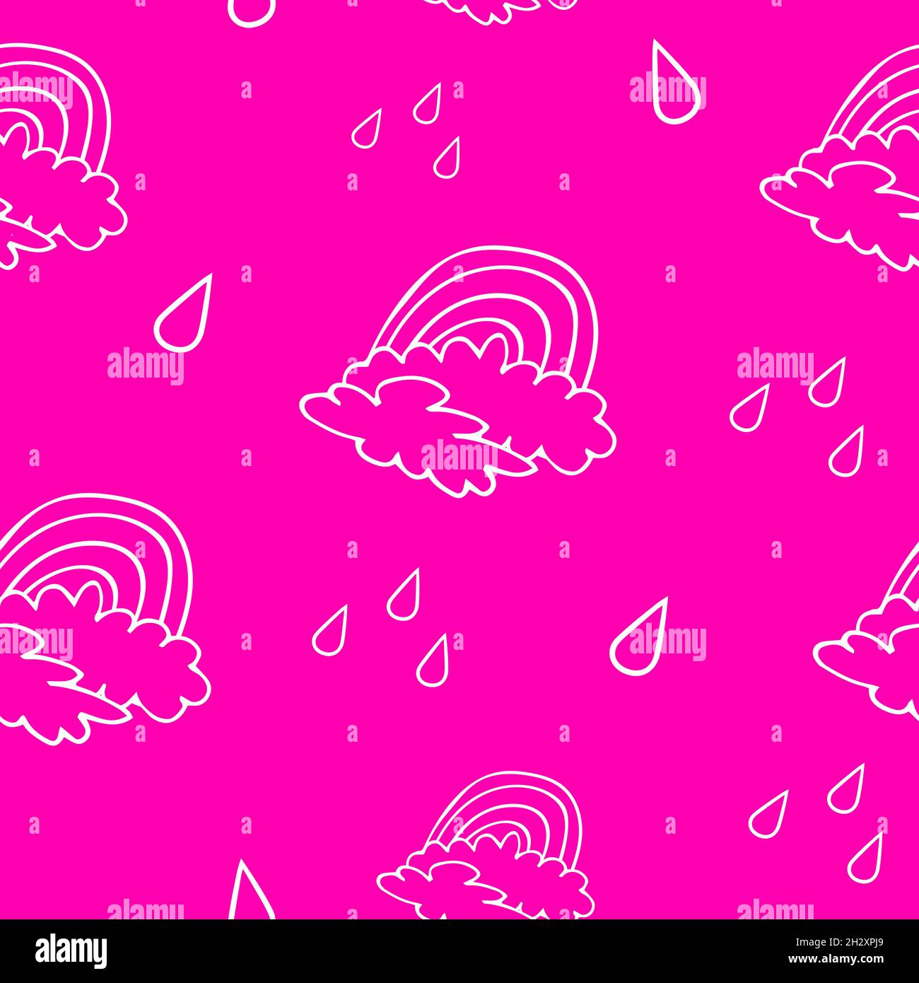 Pink seamless pattern with rainbow, rain and clouds. Stock Vector