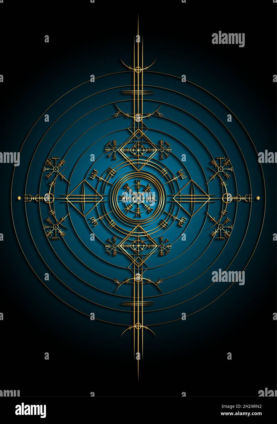 Magic ancient viking art deco, Gold Vegvisir navigation compass ancient. The Vikings used many symbols in accordance to Norse mythology sign Stock Vector