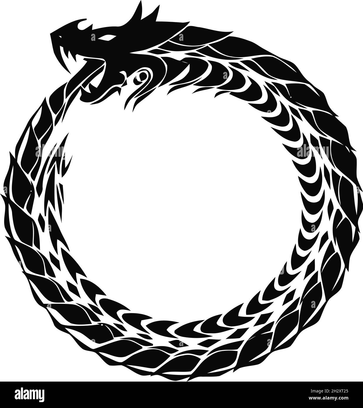 Vector Silhouette of Dragon in Circle , called Ouroboros in Black and White Stock Vector