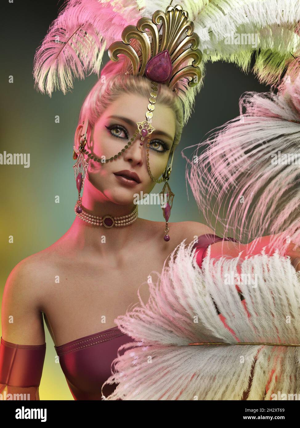 3d computer graphics of a showgirl with a feather headdress Stock Photo