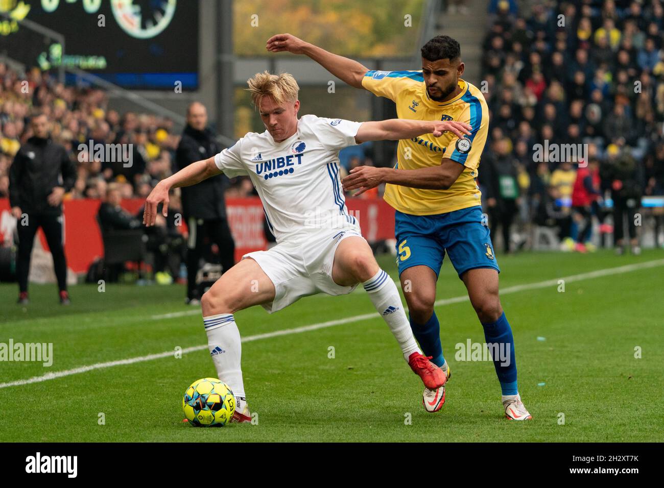 Broendby, Denmark. 24th Oct, 2021. Victor Kristiansen (34) of FC Copenhagen and Anis Ben Slimane (25) of Broendby IF seen during the 3F Superliga match between Broendby IF and FC Copenhagen at Broendby Stadion in Broendby. (Photo Credit: Gonzales Photo/Alamy Live News Stock Photo