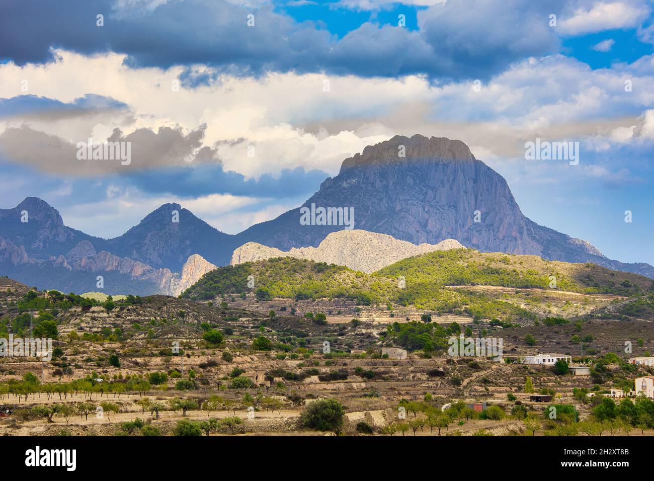 Mountain valley overlooking the top of the Cabeco D'or mountains. Spain, Alicante province Stock Photo