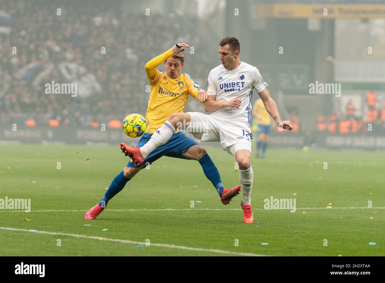 Broendby, Denmark. 24th Oct, 2021. Lukas Lerager (12) of FC Copenhagen and Simon Hedlund (27) of Broendby IF seen during the 3F Superliga match between Broendby IF and FC Copenhagen at Broendby Stadion in Broendby. (Photo Credit: Gonzales Photo/Alamy Live News Stock Photo