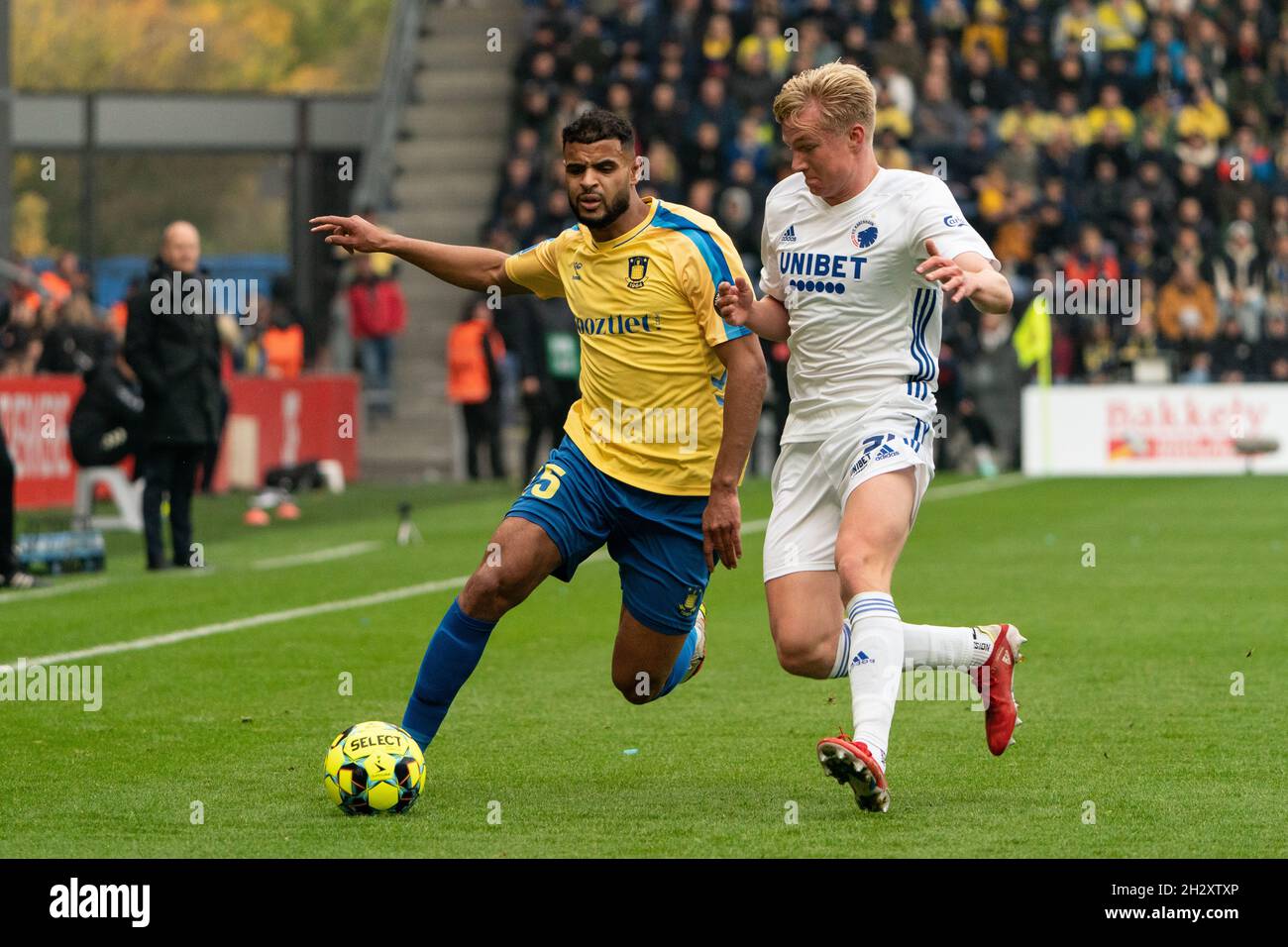 Broendby, Denmark. 24th Oct, 2021. Victor Kristiansen (34) of FC Copenhagen and Anis Ben Slimane (25) of Broendby IF seen during the 3F Superliga match between Broendby IF and FC Copenhagen at Broendby Stadion in Broendby. (Photo Credit: Gonzales Photo/Alamy Live News Stock Photo