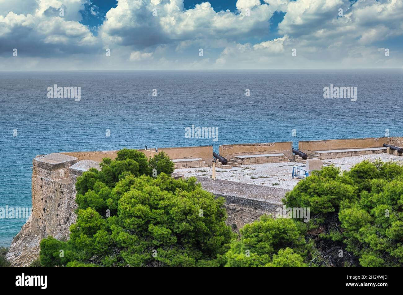 View of a fragment of the defensive ants of the castle of Saint Barbara in Alicante.Spain.Horizontal view. Stock Photo