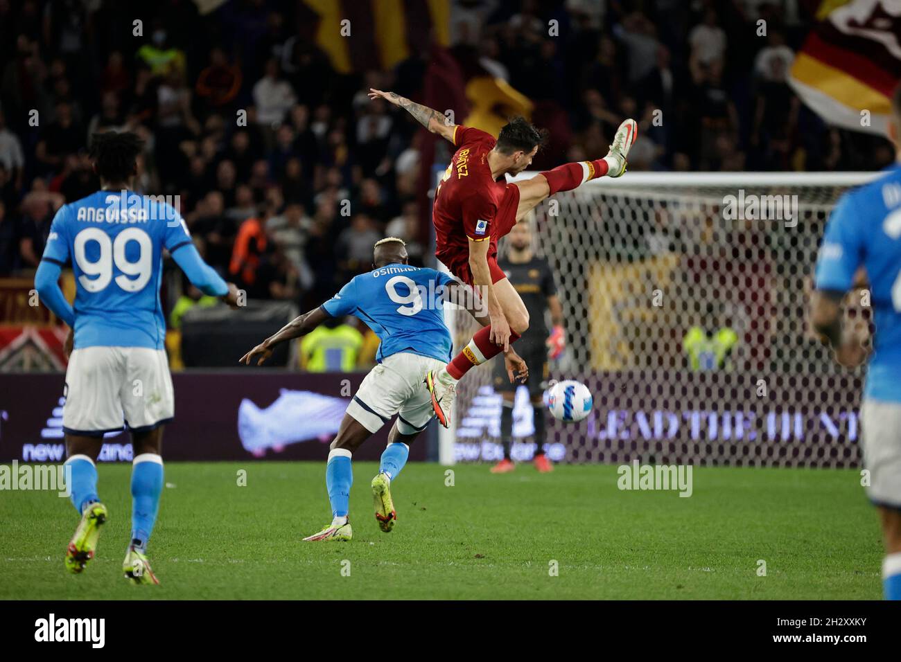 Stadio Olimpico, Rome, Italy. 24th Oct, 2021. Serie A football Roma v Napoli; Roger Ibanez da Silva of AS Roma and Victor Osimhen of Napolik Credit: Action Plus Sports/Alamy Live News Stock Photo