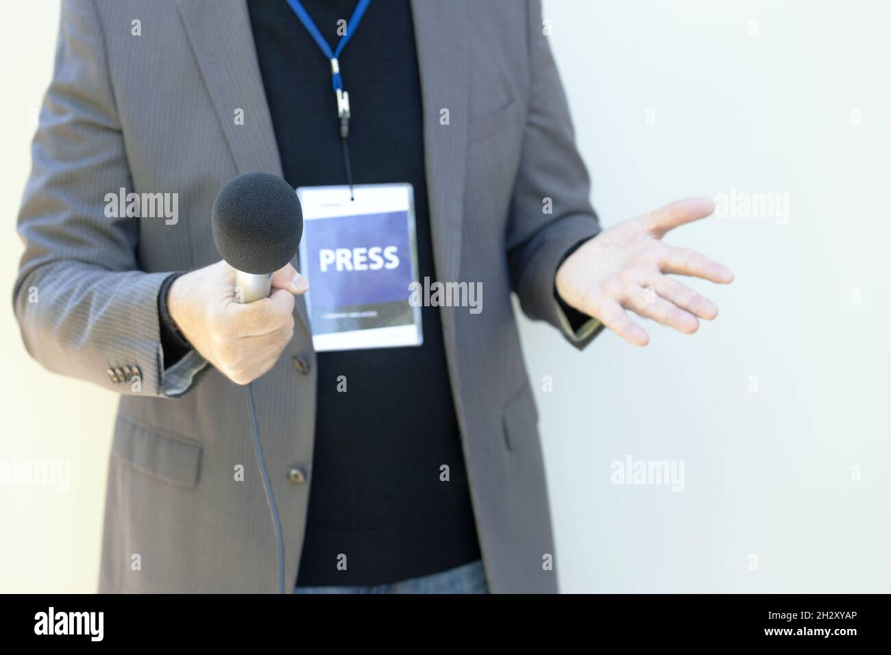 Broadcast journalist gesturing during media interview Stock Photo Alamy