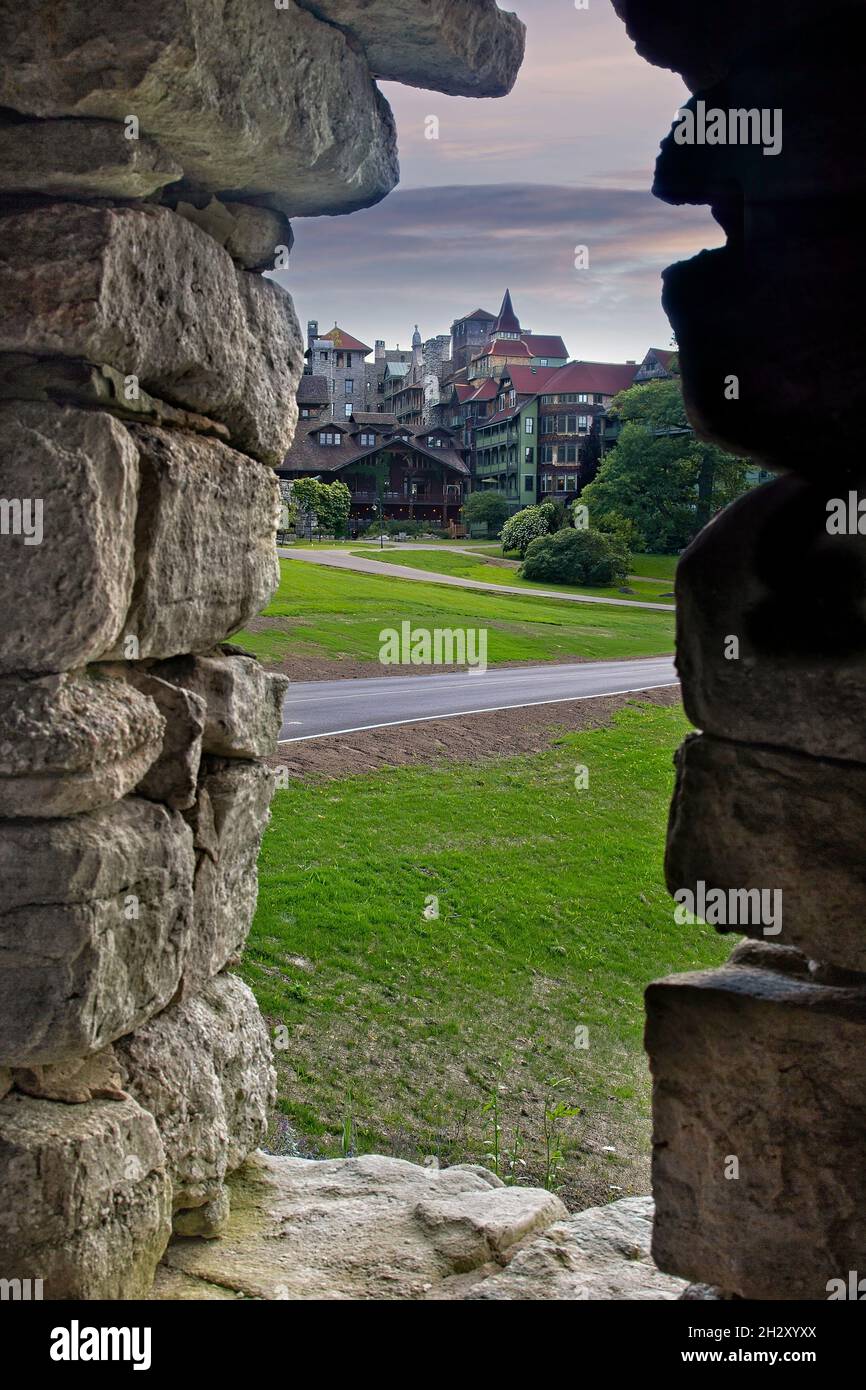 The entrance to Mohonk Mountain House, from the view of a stone gazebo, in upstate New York. Stock Photo