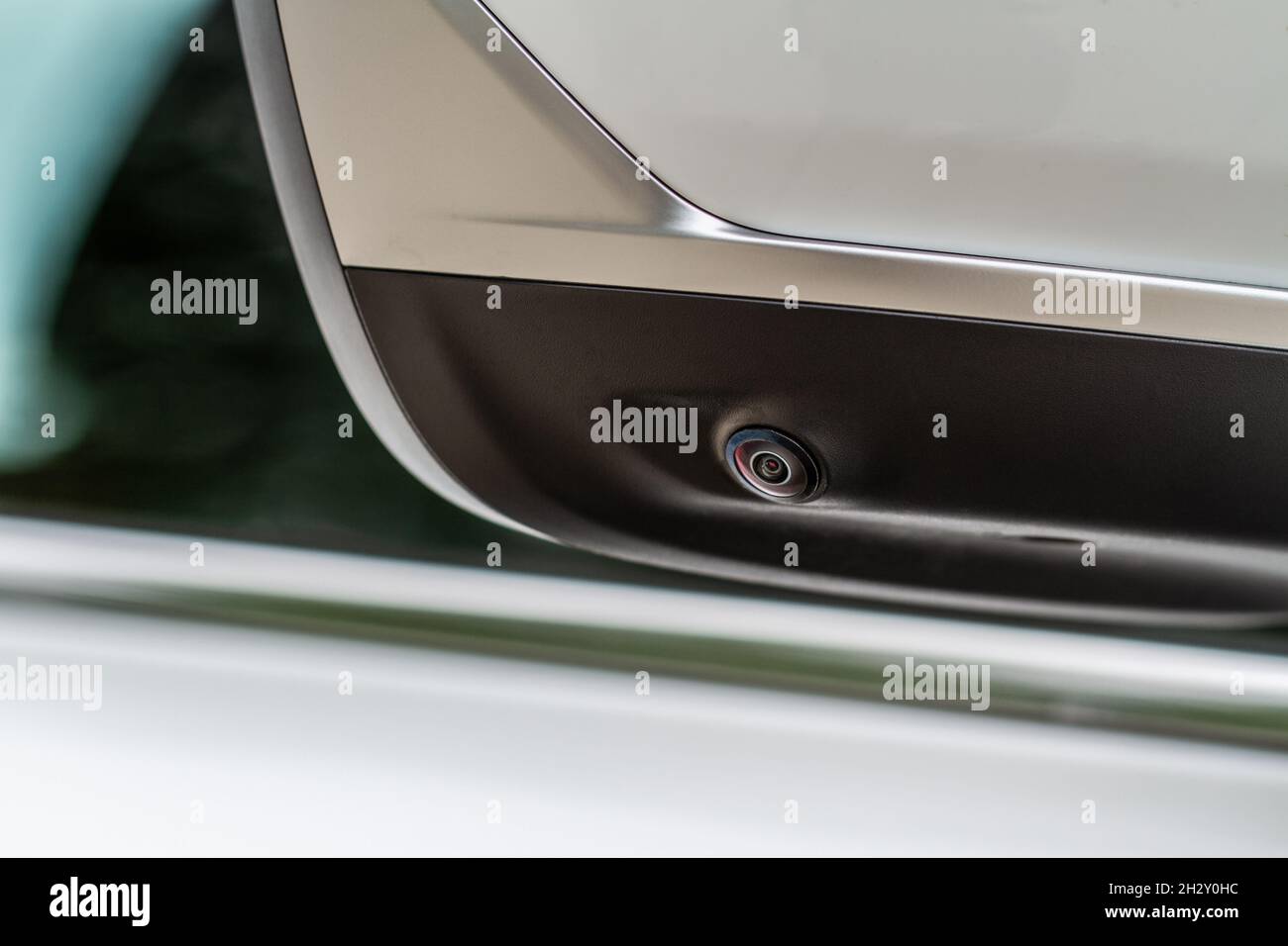 Close up view of surround view camera system on modern car side rear ...
