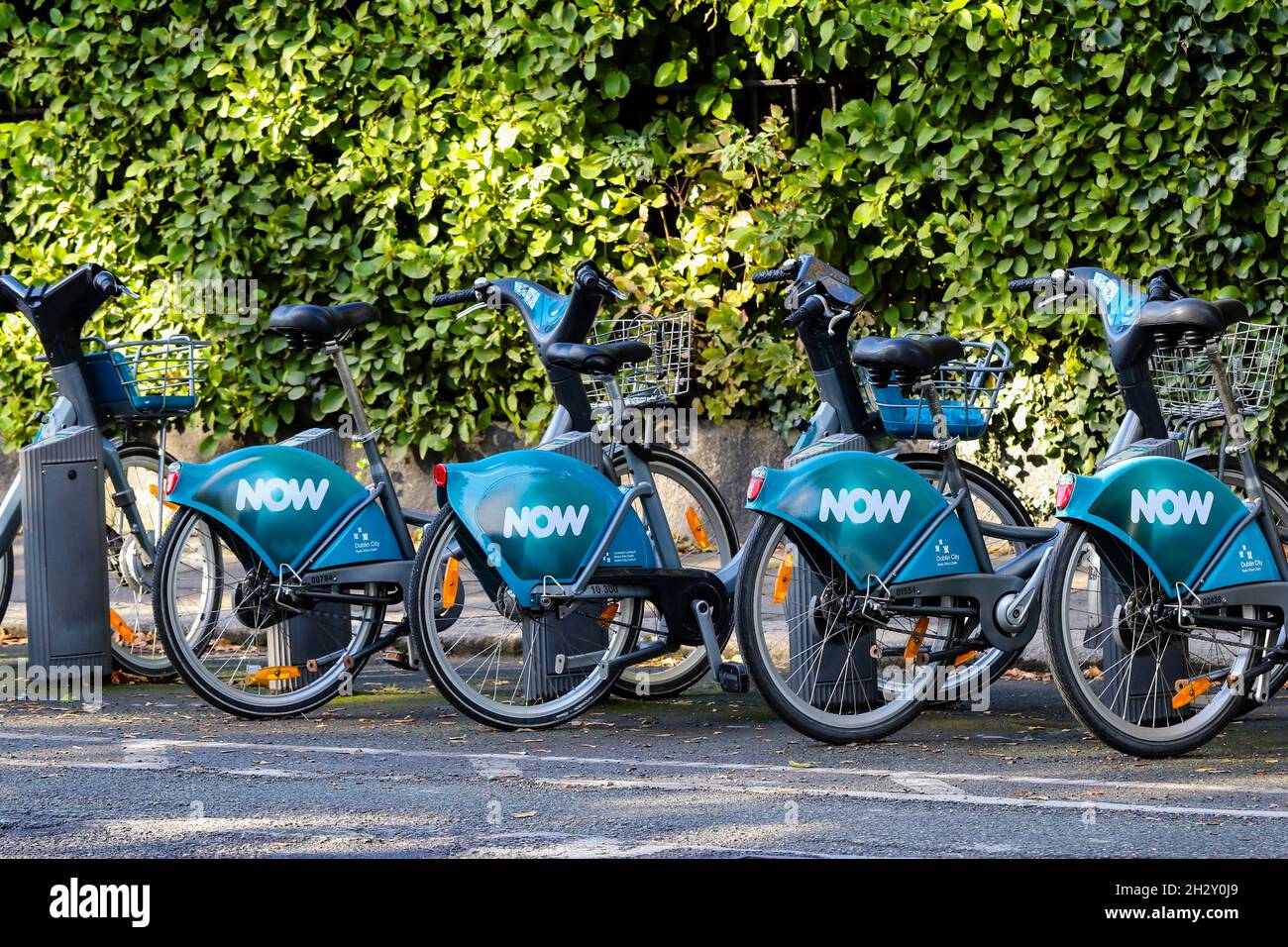 Bicycles at hire station, bike rent scheme by Dublin City Council, sponsored by "Now TV". Eco