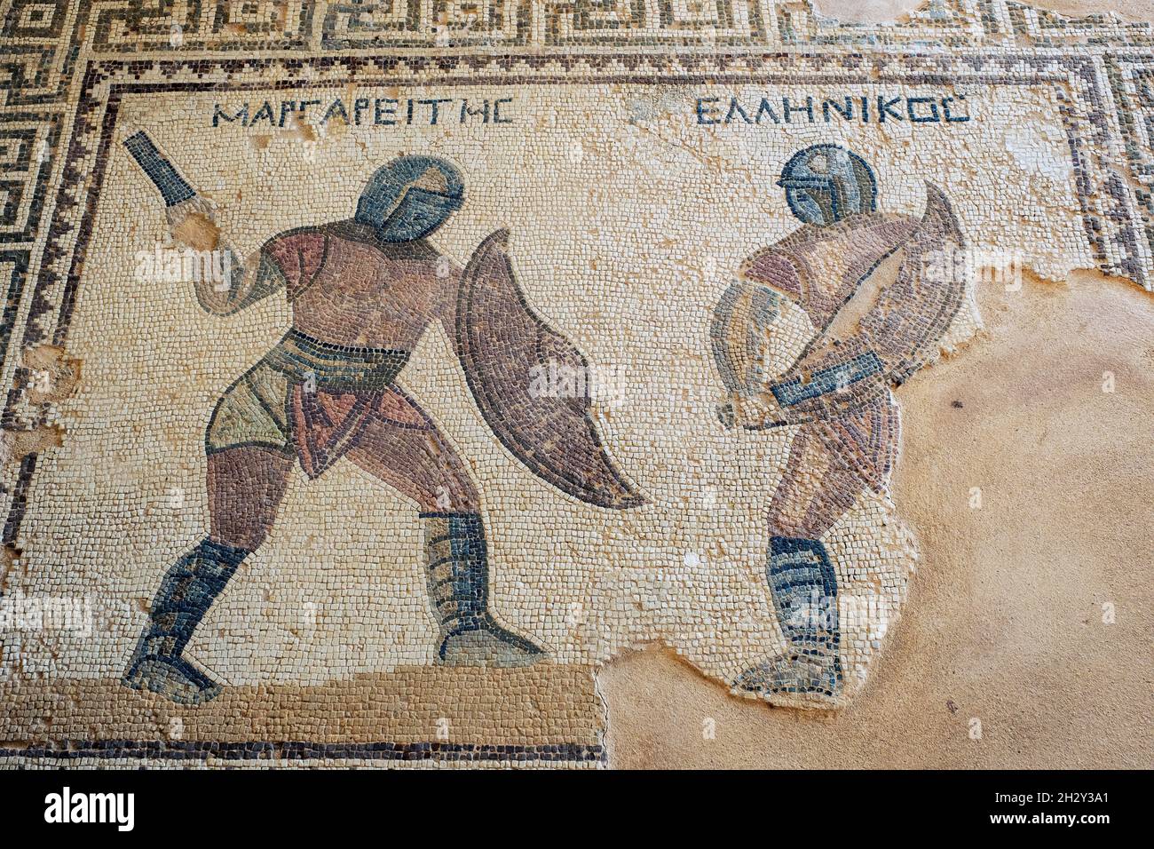 Gladiator mosaic in the Gladiators House, at the Archaeological site of Kourion, Republic of Cyprus. Stock Photo