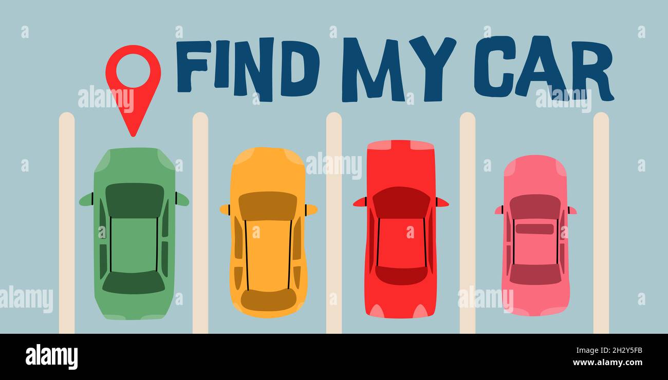 Find my car. System for detecting a car in the parking lot. Parking top view with pin map. Stock Vector