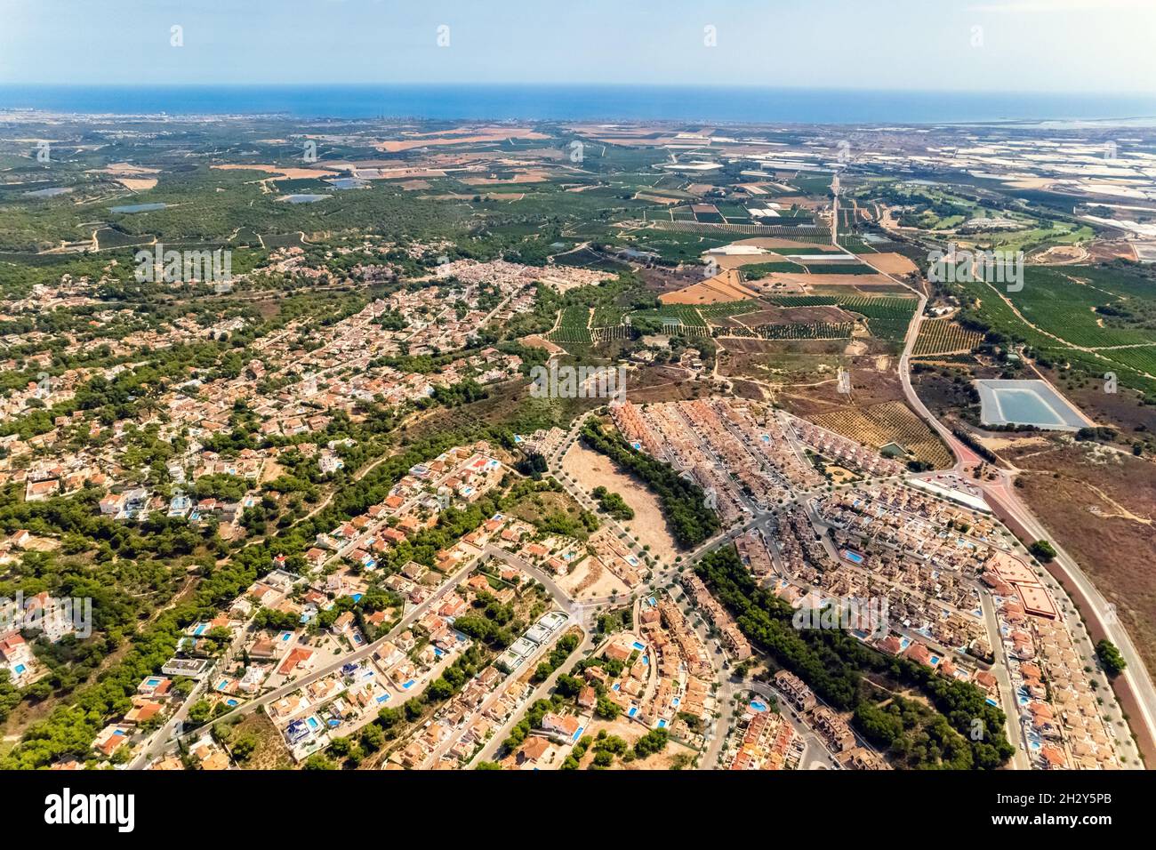 Aerial view countryside of Pinar de Campoverde townscape with farmlands ...